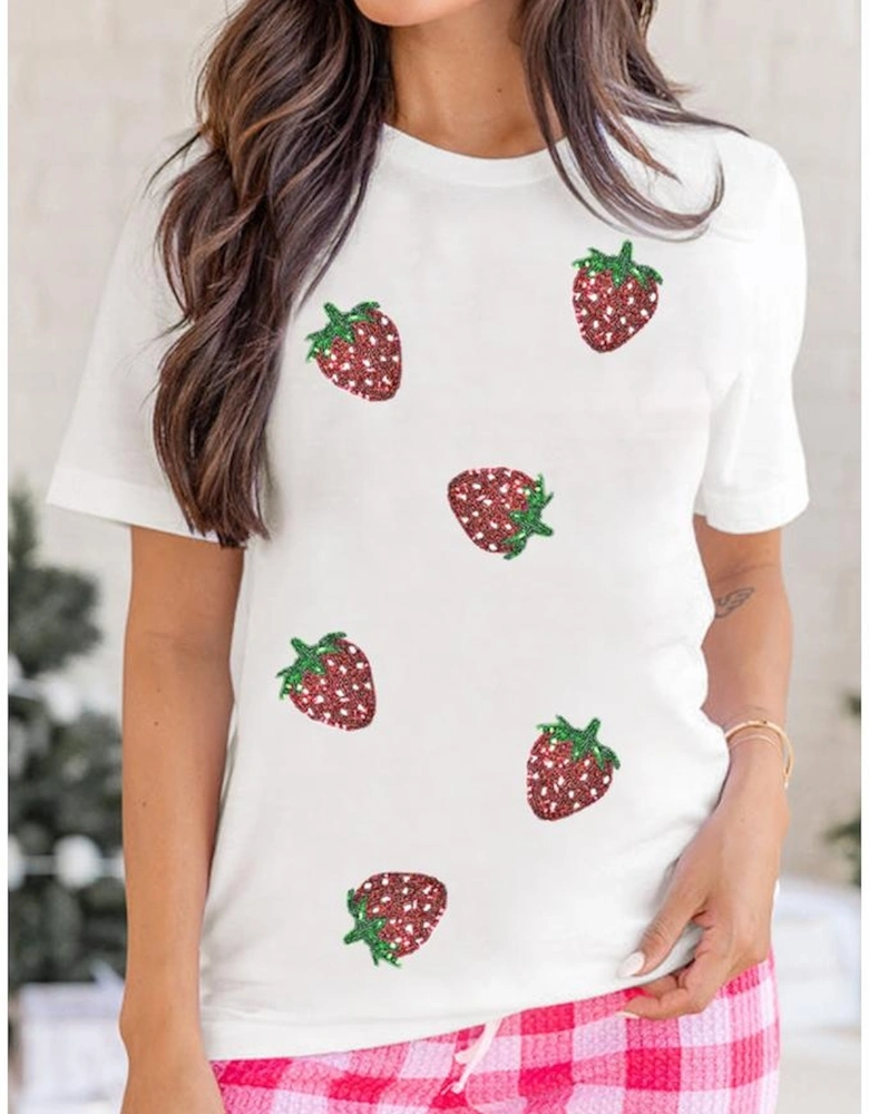 White Sequin Strawberry Patched Crew Neck T Shirt