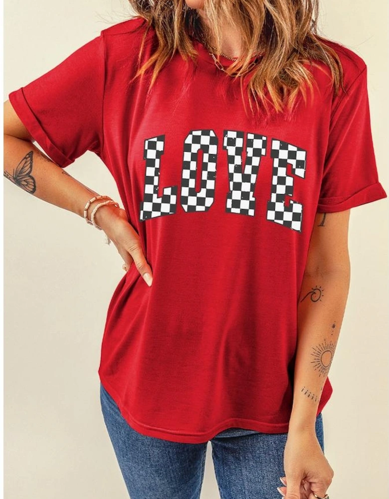 Red Checkered LOVE Letter Graphic Valentines T Shirt