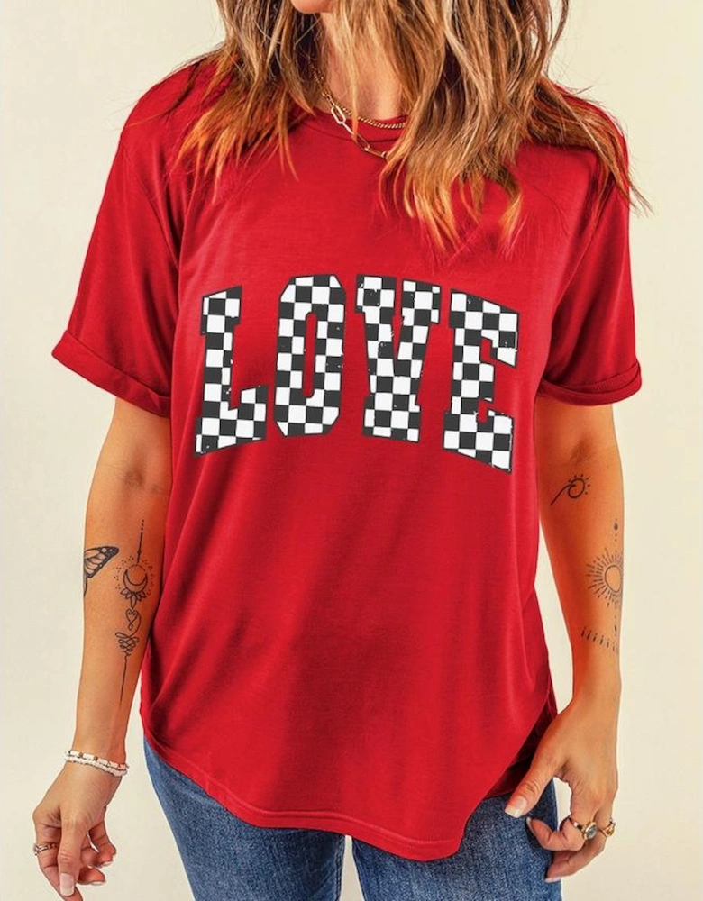 Red Checkered LOVE Letter Graphic Valentines T Shirt