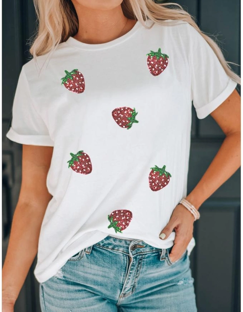 White Sequin Strawberry Patched Crew Neck T Shirt