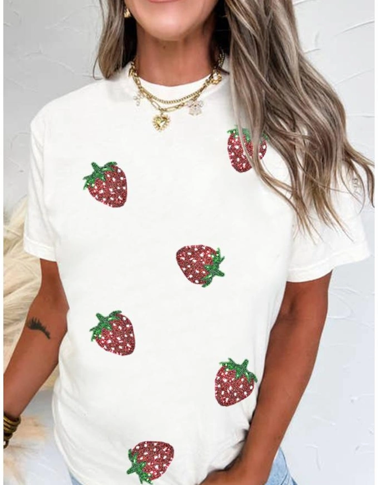 White Sequin Strawberry Patched Crew Neck T Shirt