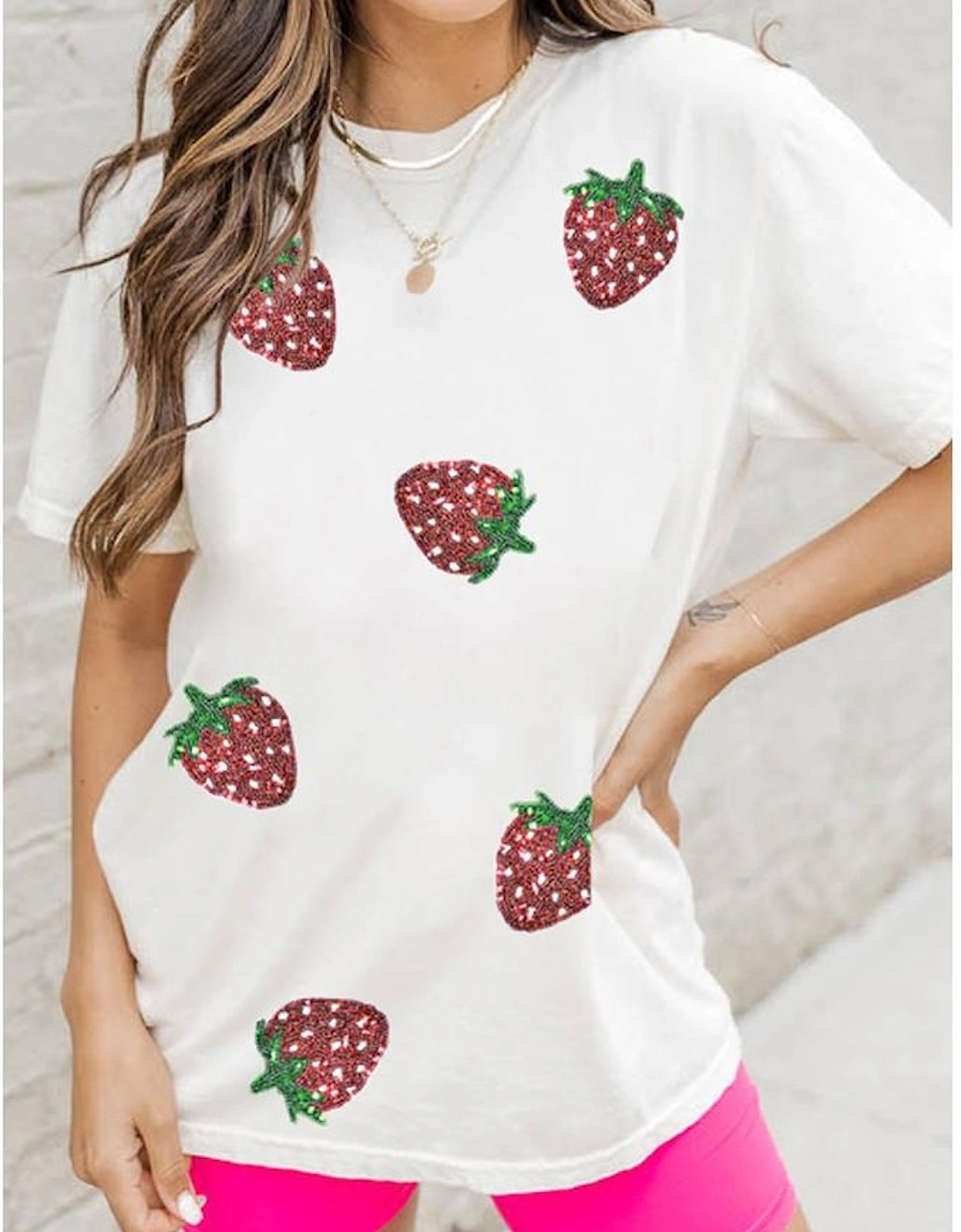 White Sequin Strawberry Patched Crew Neck T Shirt