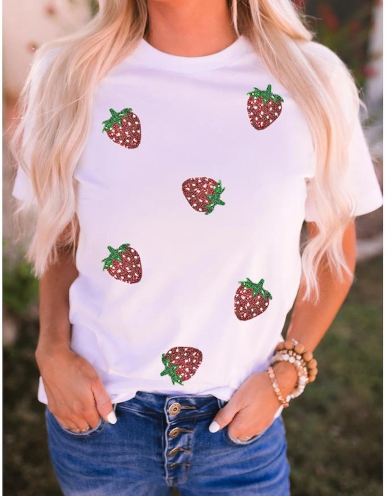 White Sequin Strawberry Patched Crew Neck T Shirt