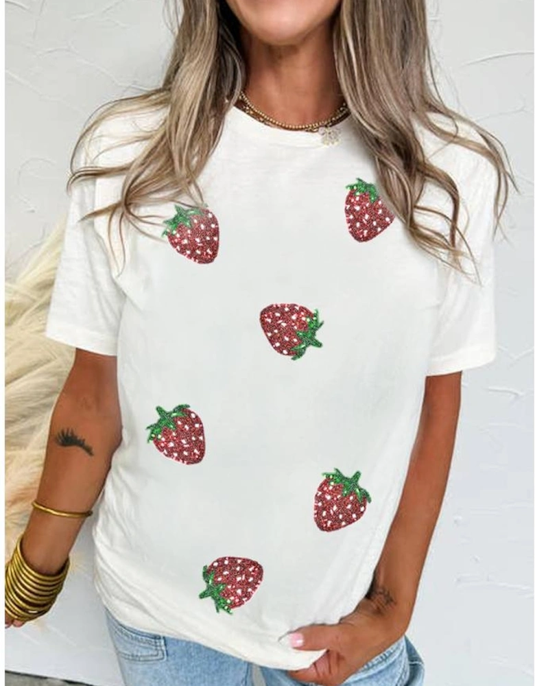 White Sequin Strawberry Patched Crew Neck T Shirt