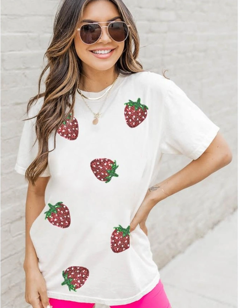 White Sequin Strawberry Patched Crew Neck T Shirt