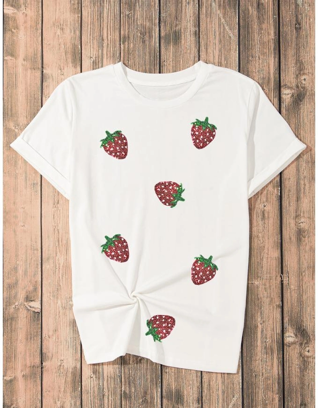 White Sequin Strawberry Patched Crew Neck T Shirt