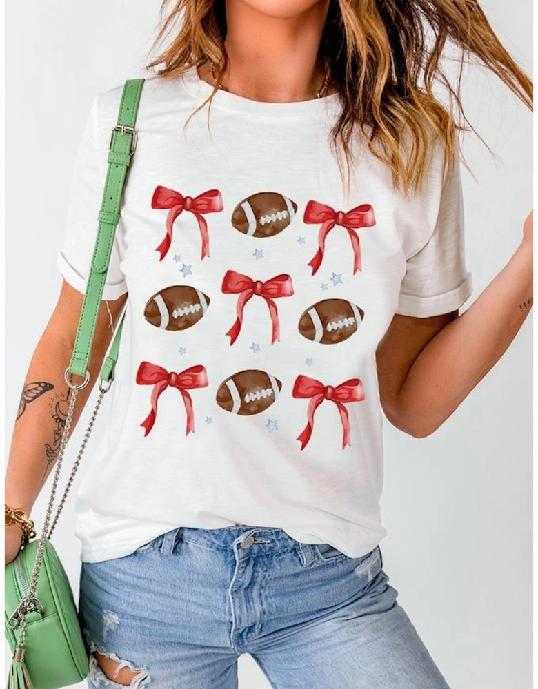 White Bowknot Rugby Graphic Crew Neck Tee