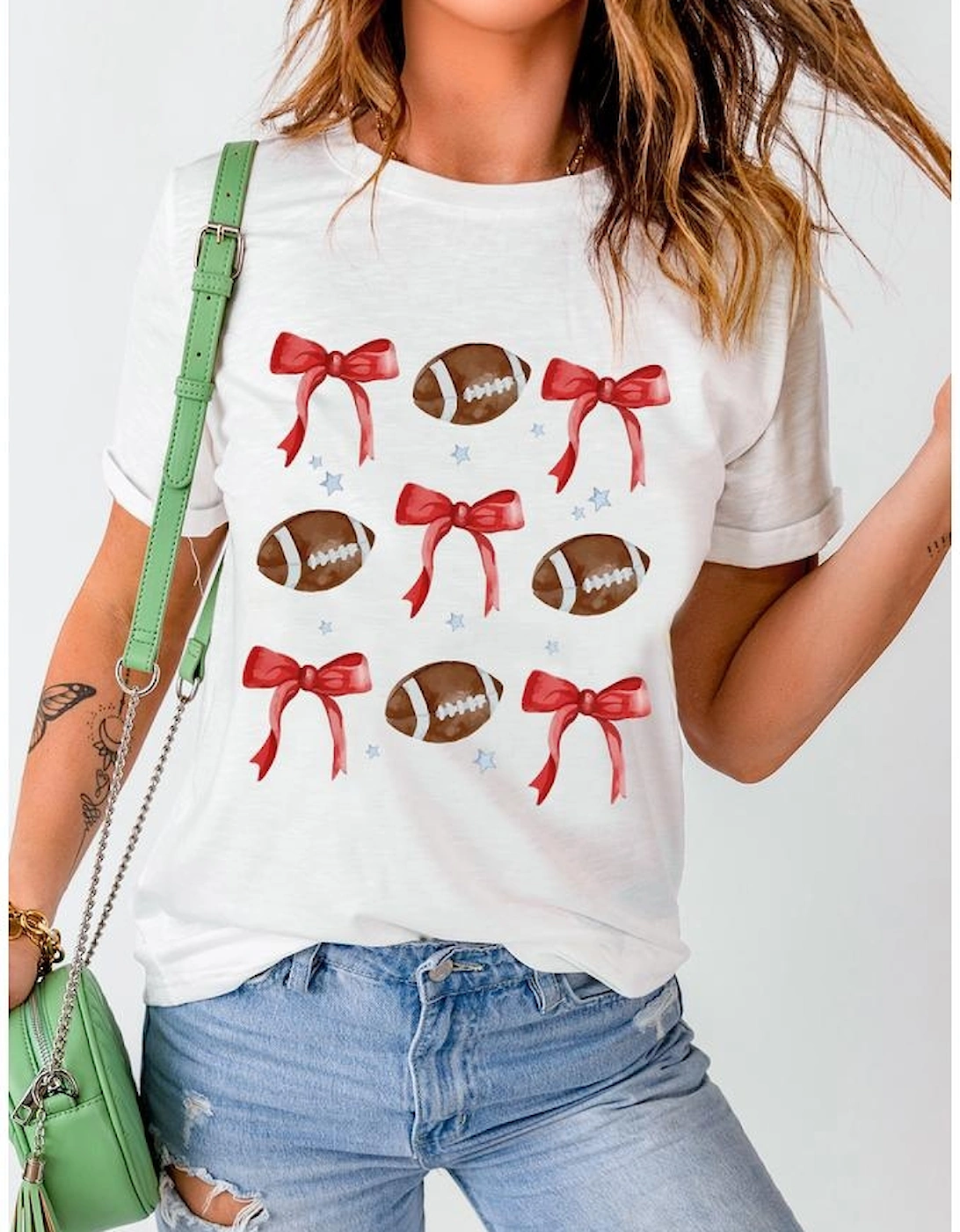 White Bowknot Rugby Graphic Crew Neck Tee