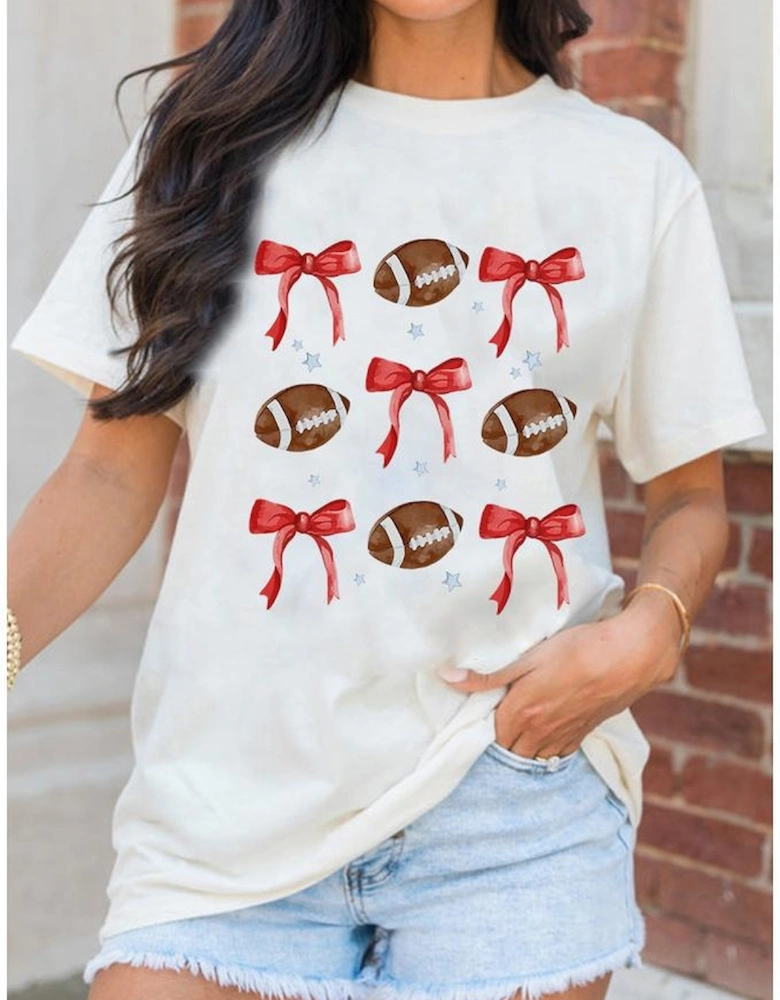 White Bowknot Rugby Graphic Crew Neck Tee