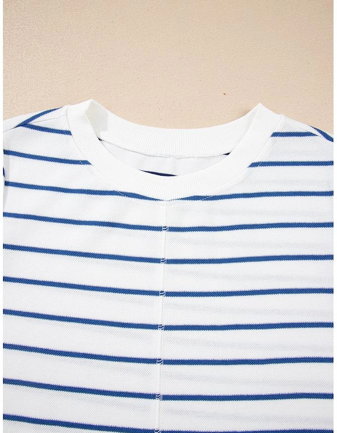 Sail Blue Striped Long Sleeve Top Drawstring Wide Leg Pants 2pcs Outfit