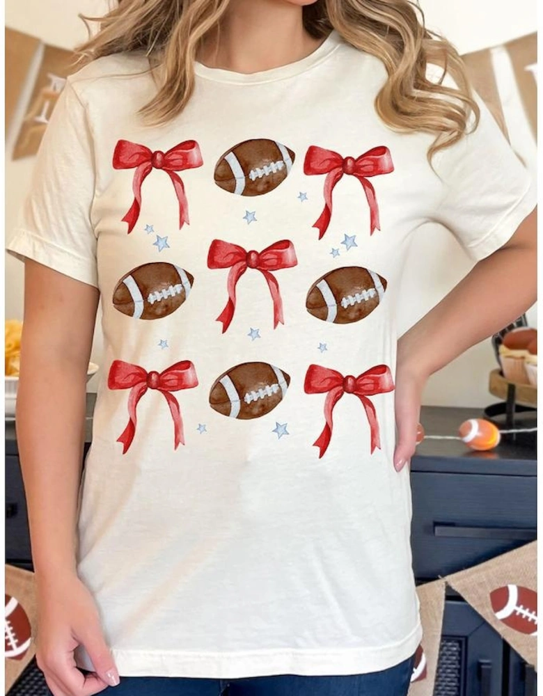 White Bowknot Rugby Graphic Crew Neck Tee