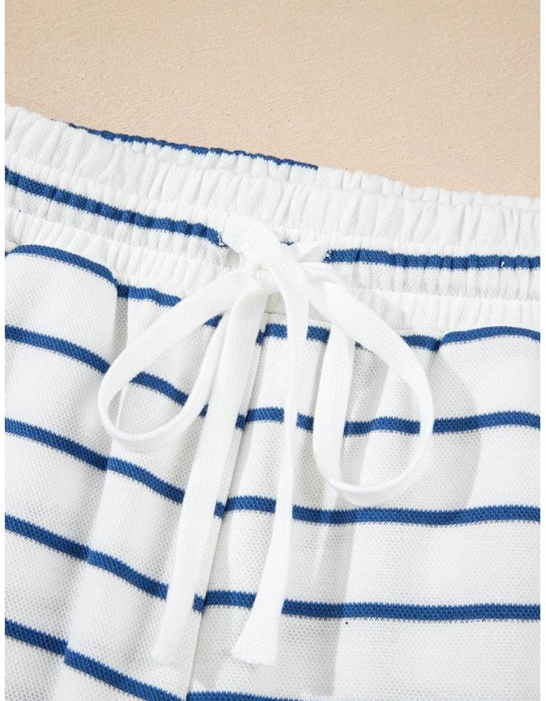 Sail Blue Striped Long Sleeve Top Drawstring Wide Leg Pants 2pcs Outfit