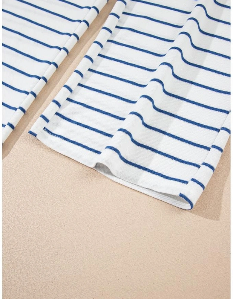 Sail Blue Striped Long Sleeve Top Drawstring Wide Leg Pants 2pcs Outfit