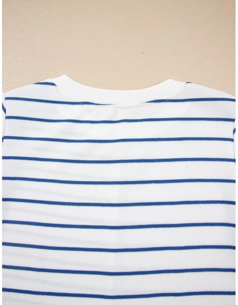 Sail Blue Striped Long Sleeve Top Drawstring Wide Leg Pants 2pcs Outfit