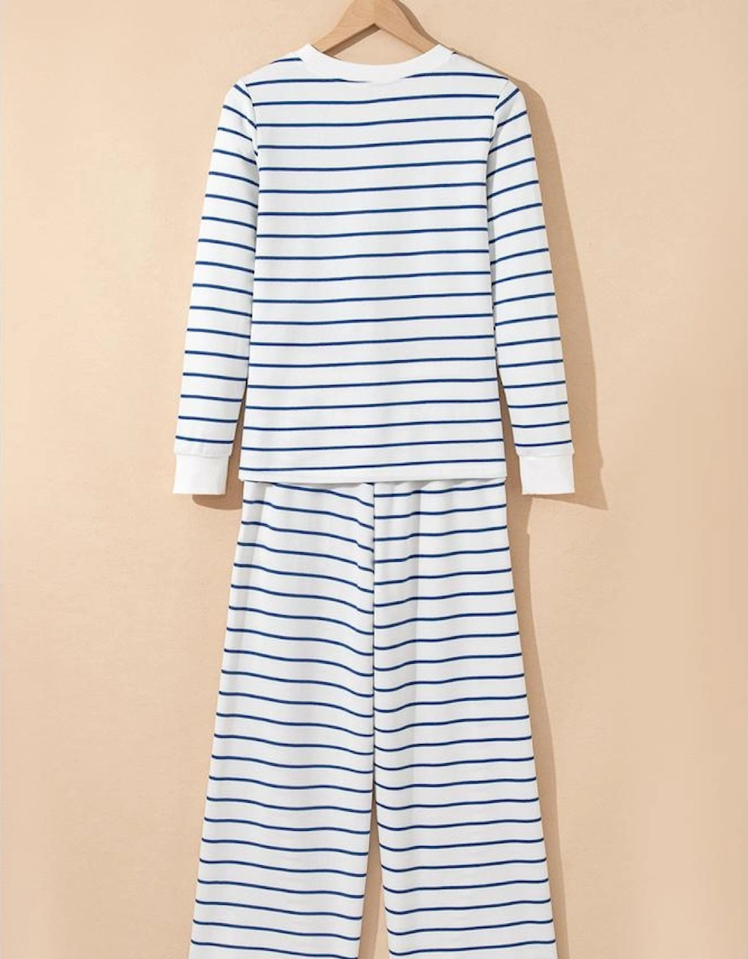 Sail Blue Striped Long Sleeve Top Drawstring Wide Leg Pants 2pcs Outfit