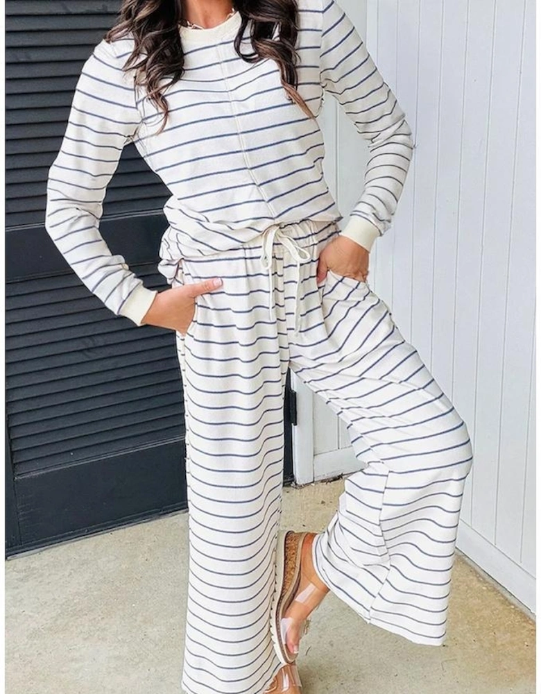 Sail Blue Striped Long Sleeve Top Drawstring Wide Leg Pants 2pcs Outfit