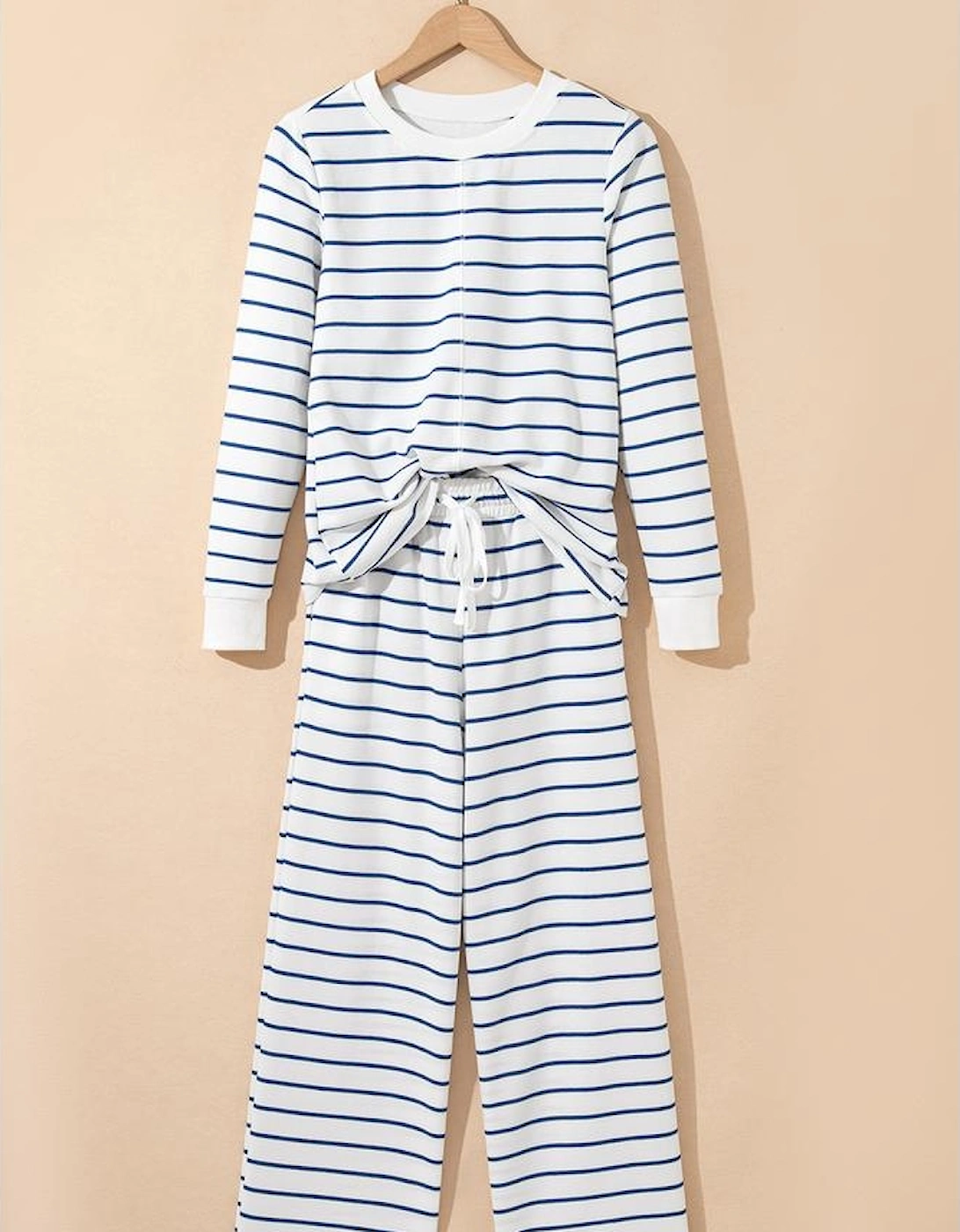 Sail Blue Striped Long Sleeve Top Drawstring Wide Leg Pants 2pcs Outfit