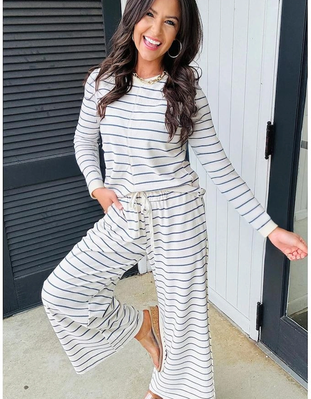 Sail Blue Striped Long Sleeve Top Drawstring Wide Leg Pants 2pcs Outfit, 14 of 13