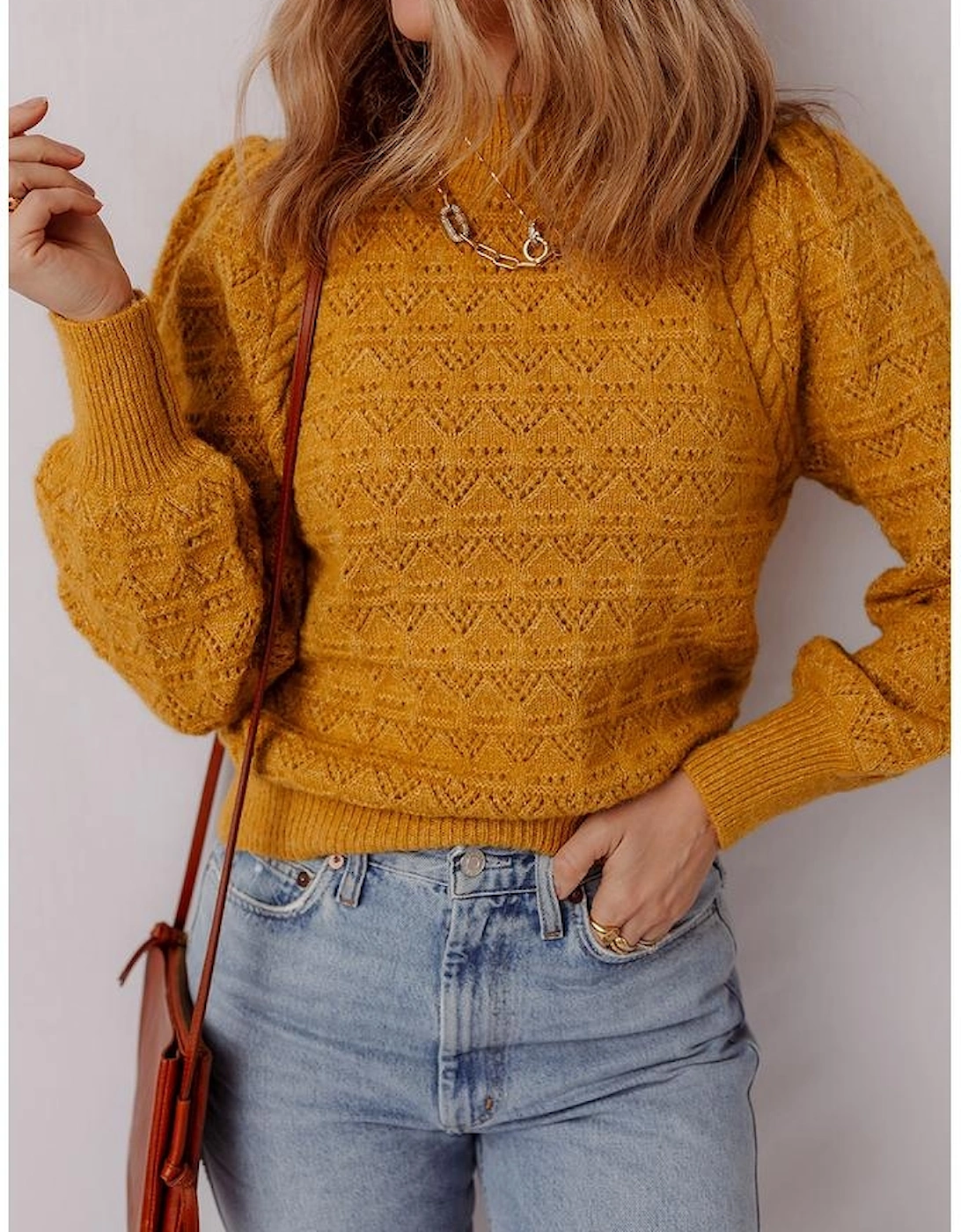 Jurassic Gold Hollow Out Crochet Ribbed Edge Balloon Sleeve Sweater
