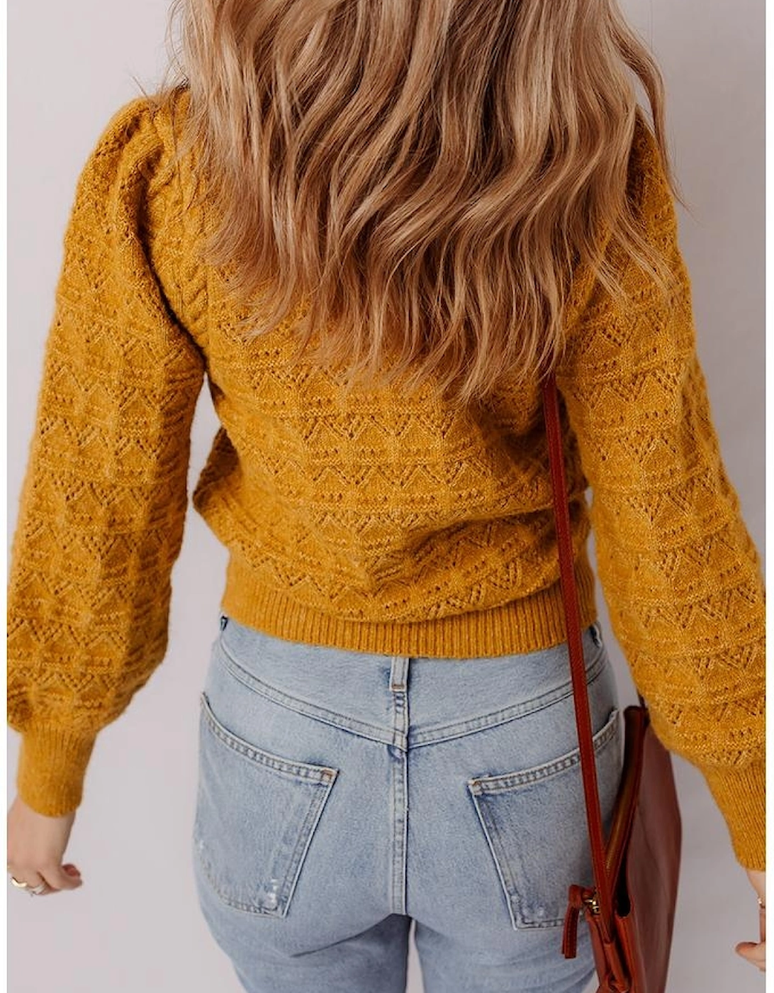 Jurassic Gold Hollow Out Crochet Ribbed Edge Balloon Sleeve Sweater, 9 of 8