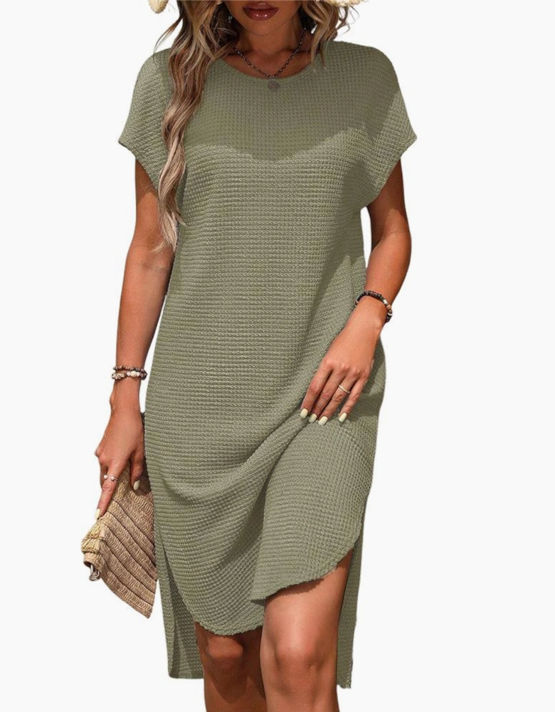 Jungle Green Waffle Texture Curved Hem Side Slit T-shirt Dress