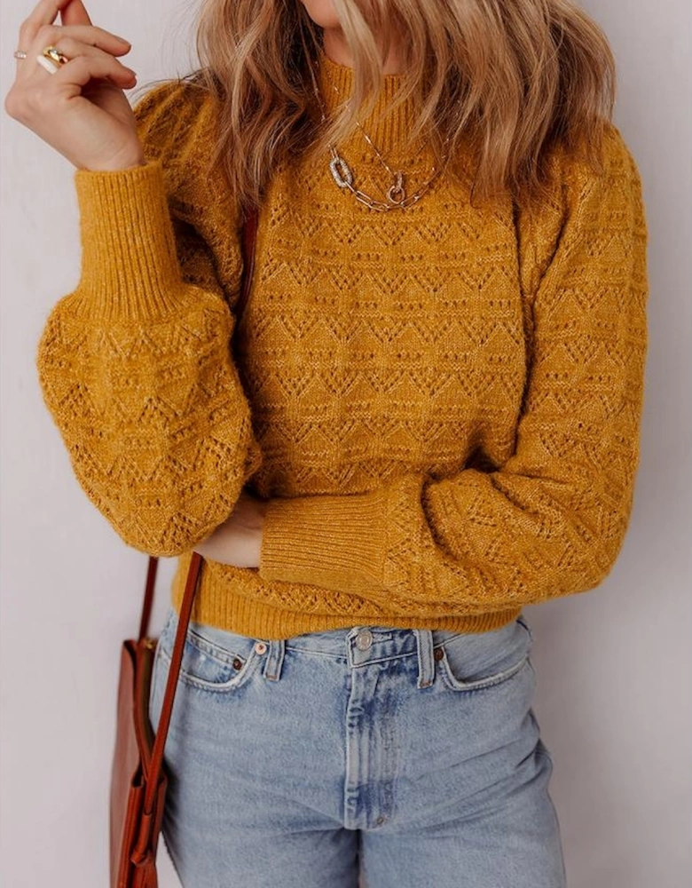 Jurassic Gold Hollow Out Crochet Ribbed Edge Balloon Sleeve Sweater