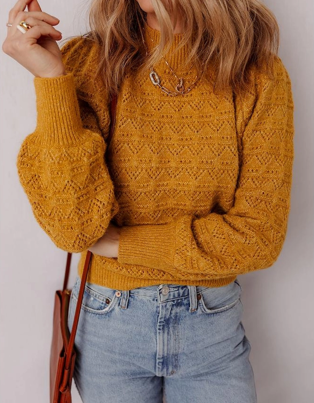 Jurassic Gold Hollow Out Crochet Ribbed Edge Balloon Sleeve Sweater