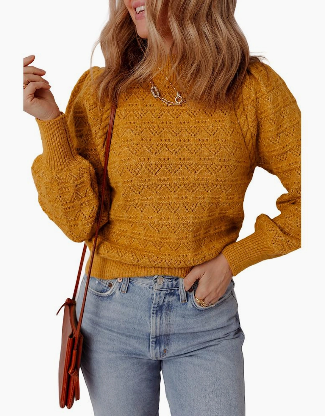 Jurassic Gold Hollow Out Crochet Ribbed Edge Balloon Sleeve Sweater