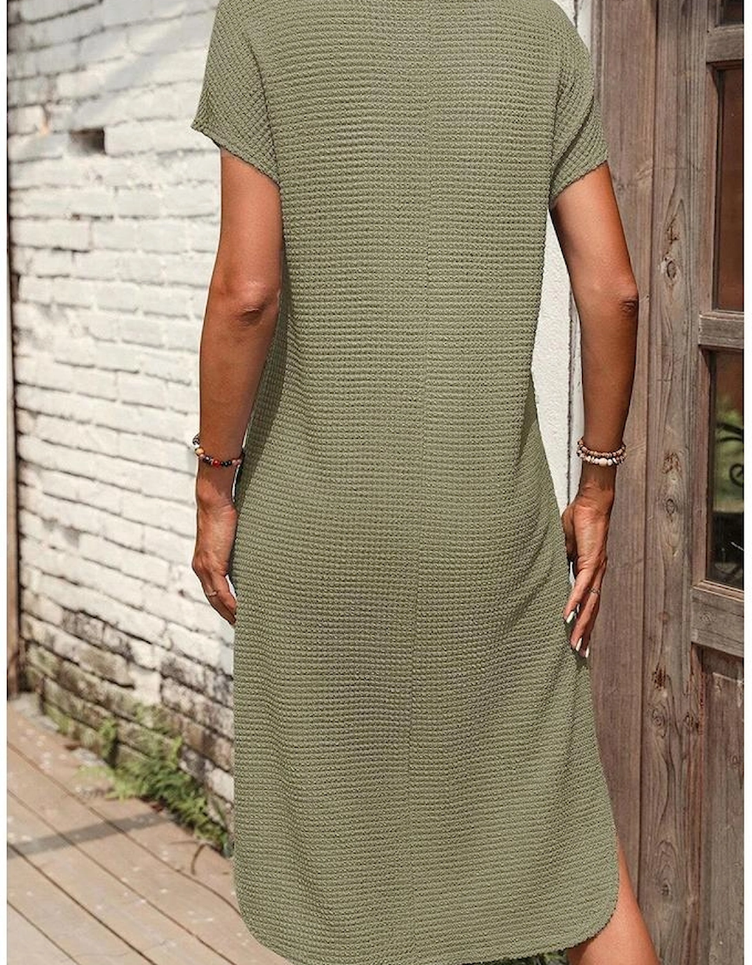 Jungle Green Waffle Texture Curved Hem Side Slit T-shirt Dress
