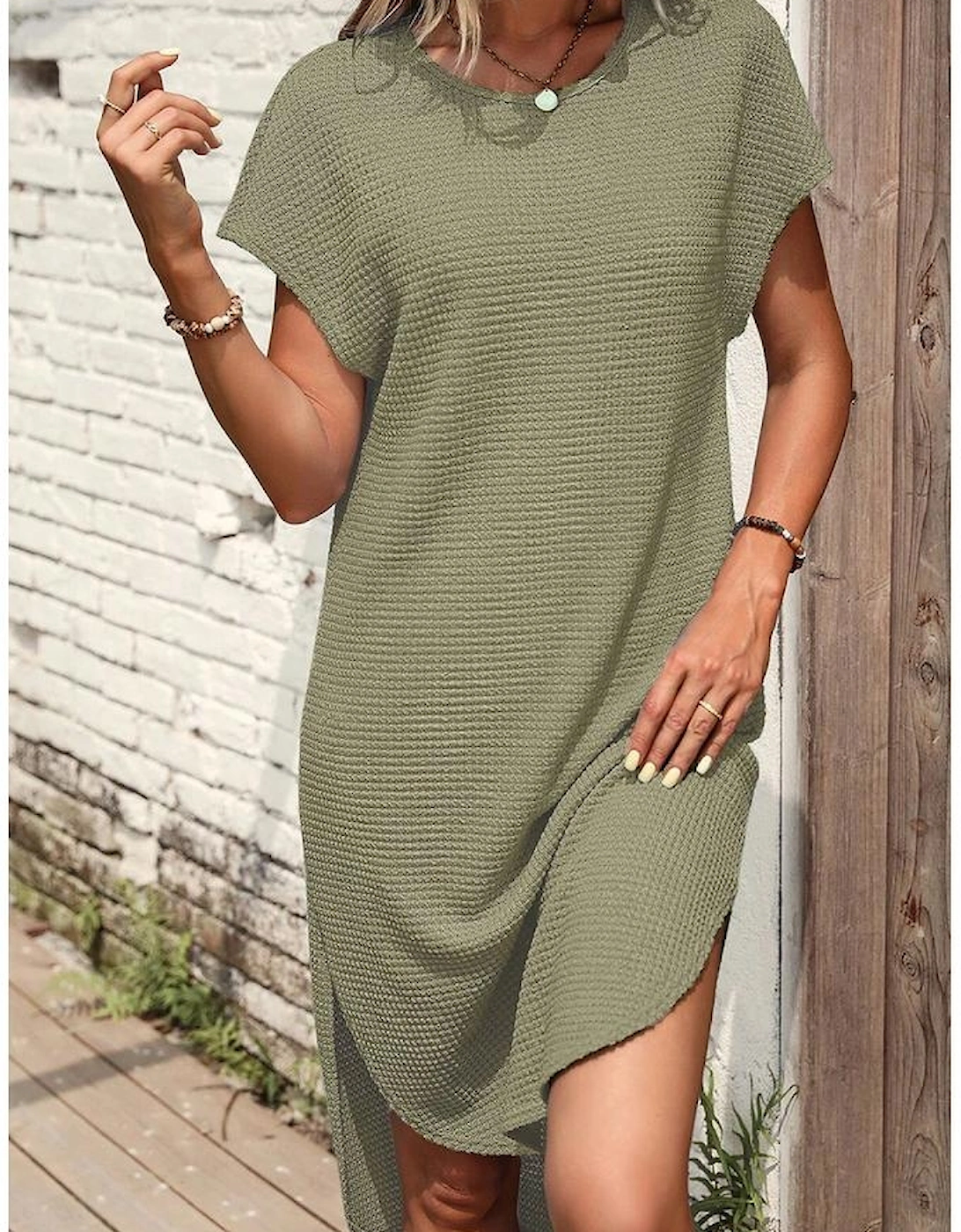 Jungle Green Waffle Texture Curved Hem Side Slit T-shirt Dress, 10 of 9