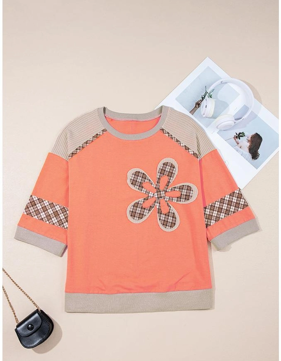 Grapefruit Orange Plaid Waffle Flower Patchwork Bracelet Sleeve Top