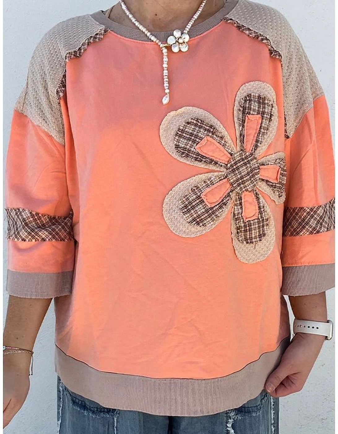 Grapefruit Orange Plaid Waffle Flower Patchwork Bracelet Sleeve Top