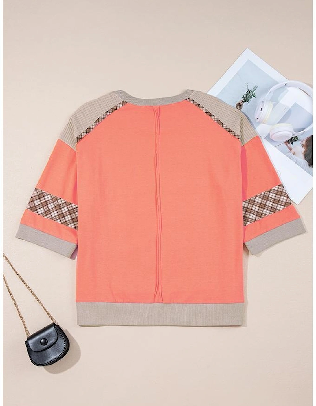 Grapefruit Orange Plaid Waffle Flower Patchwork Bracelet Sleeve Top