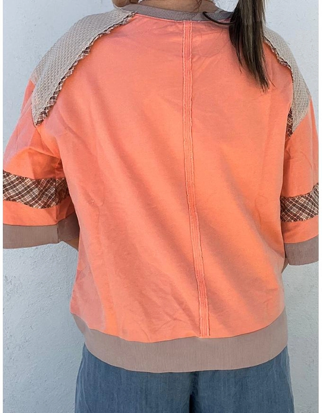 Grapefruit Orange Plaid Waffle Flower Patchwork Bracelet Sleeve Top