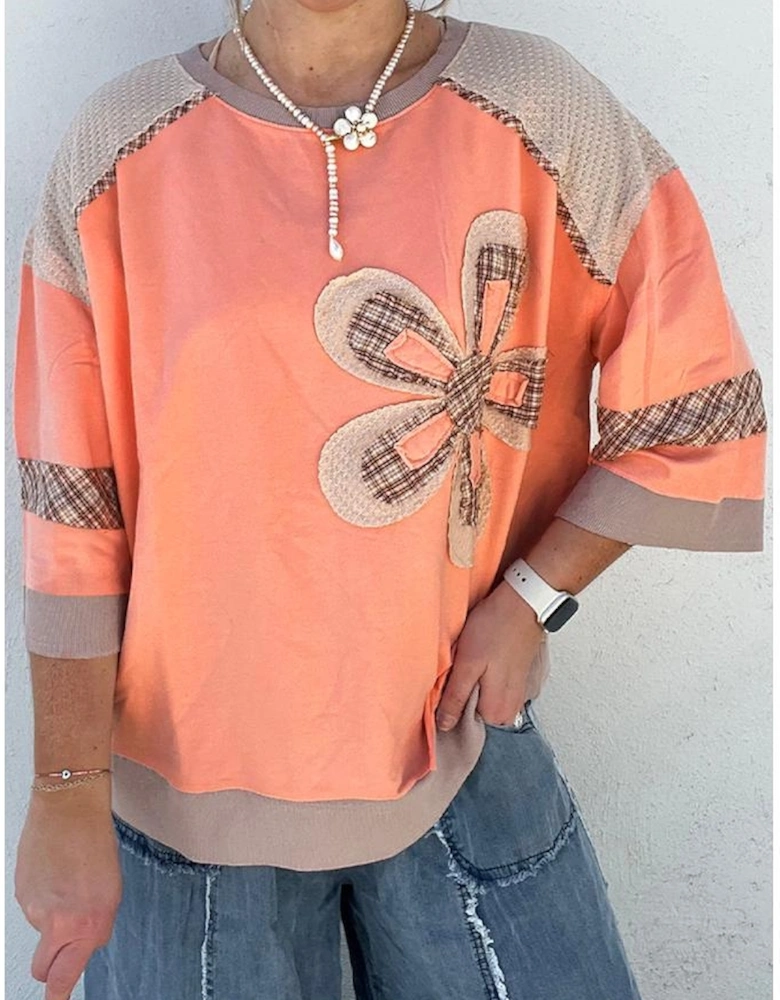 Grapefruit Orange Plaid Waffle Flower Patchwork Bracelet Sleeve Top