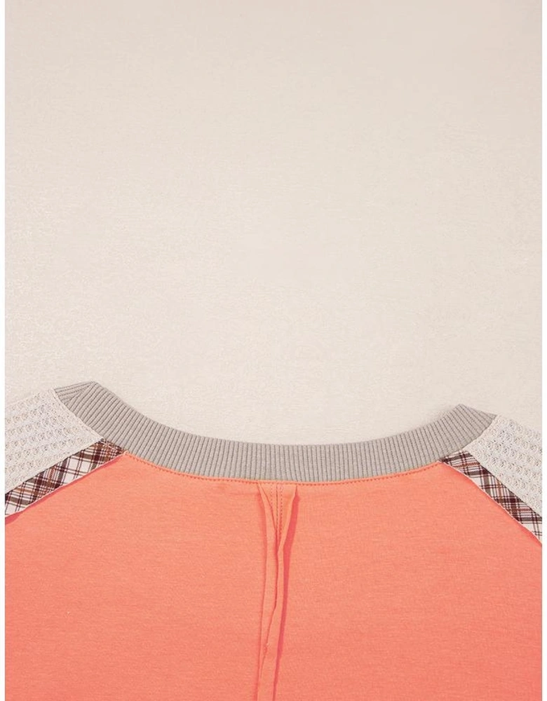 Grapefruit Orange Plaid Waffle Flower Patchwork Bracelet Sleeve Top