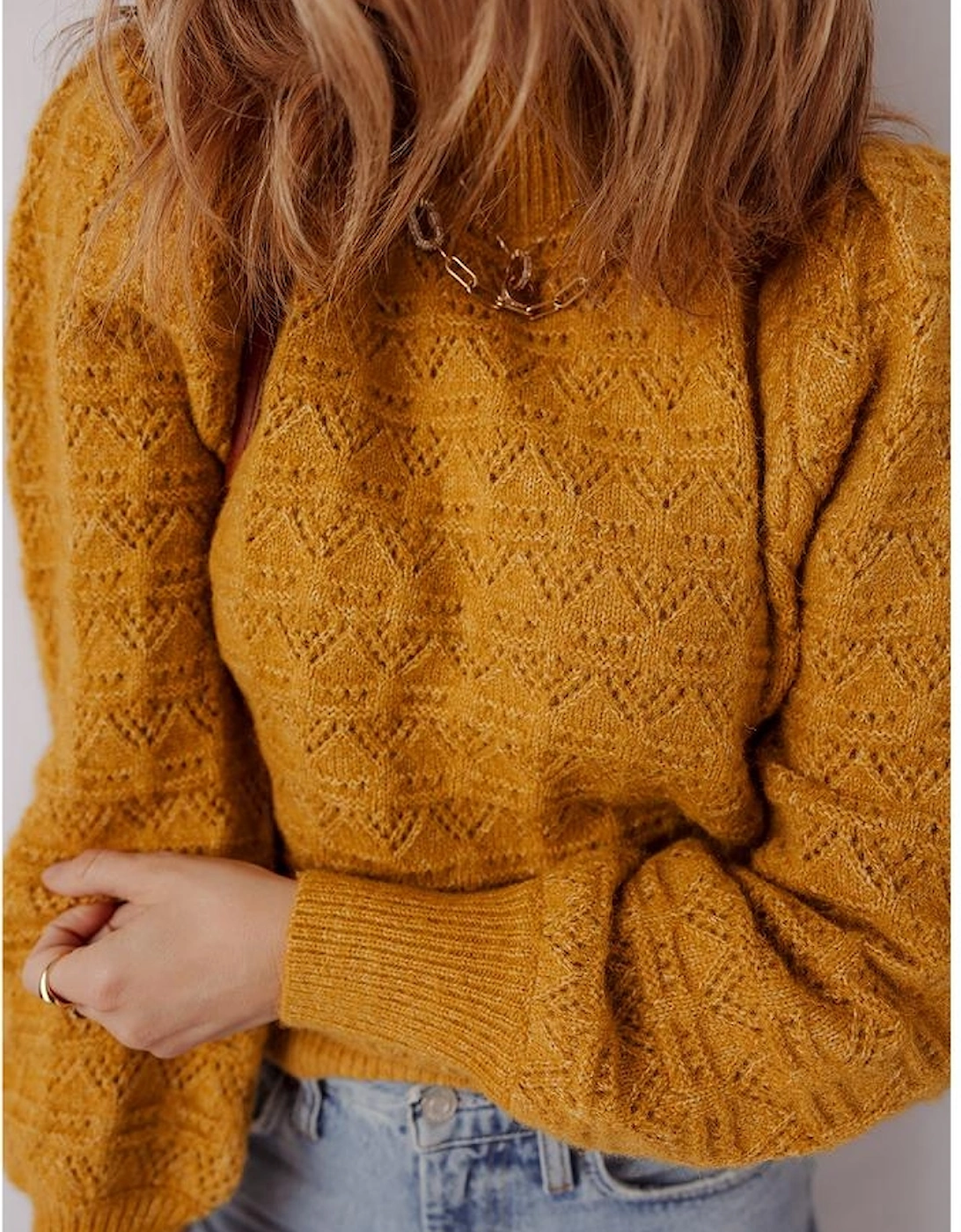Jurassic Gold Hollow Out Crochet Ribbed Edge Balloon Sleeve Sweater