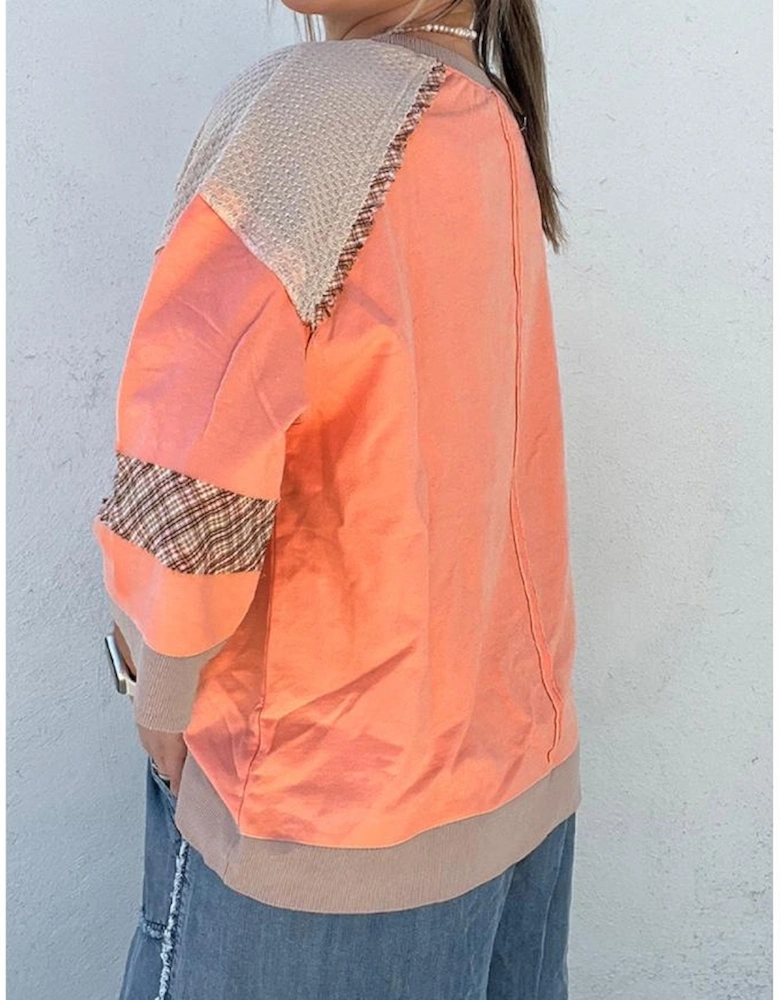 Grapefruit Orange Plaid Waffle Flower Patchwork Bracelet Sleeve Top