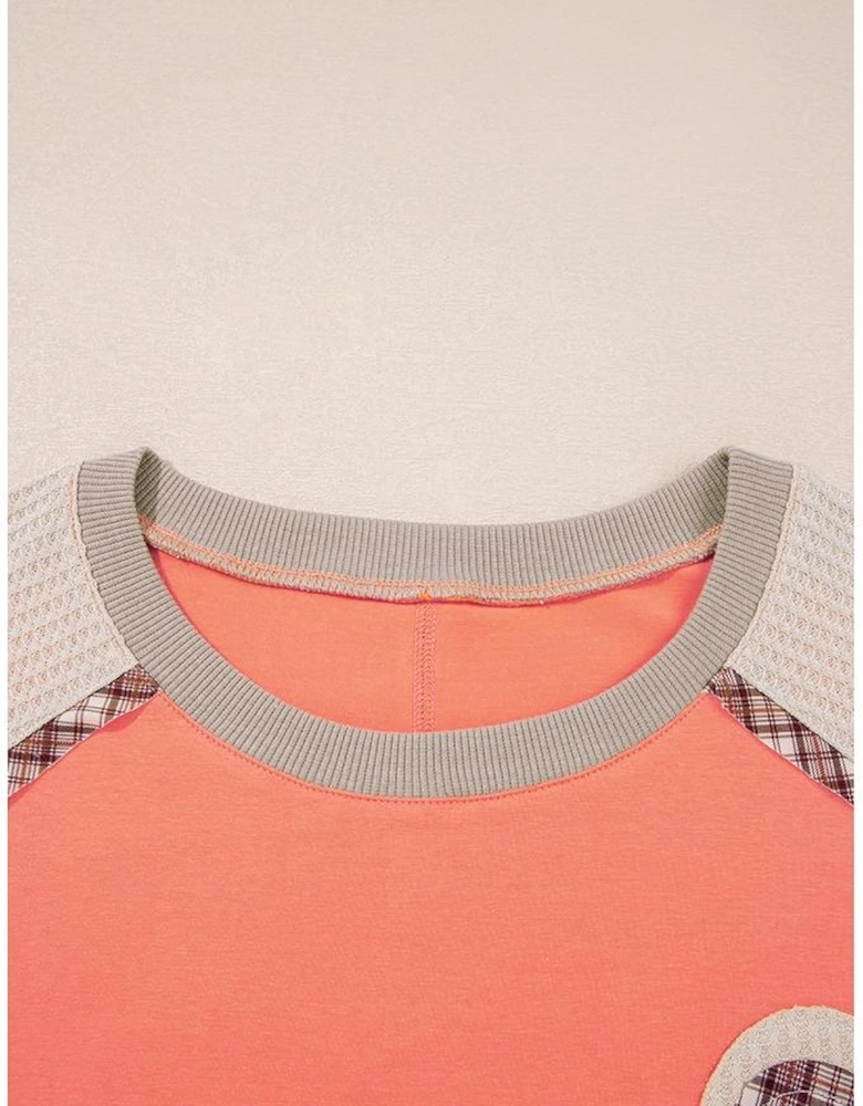 Grapefruit Orange Plaid Waffle Flower Patchwork Bracelet Sleeve Top