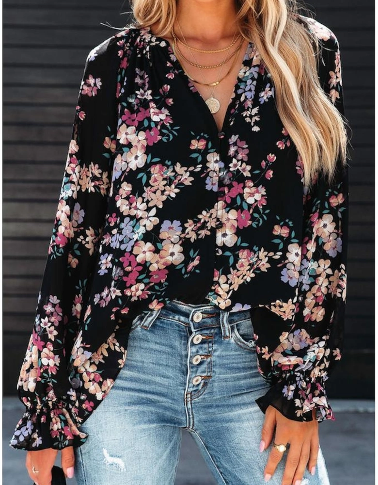 Black Wildflower Print Chiffon Blouse