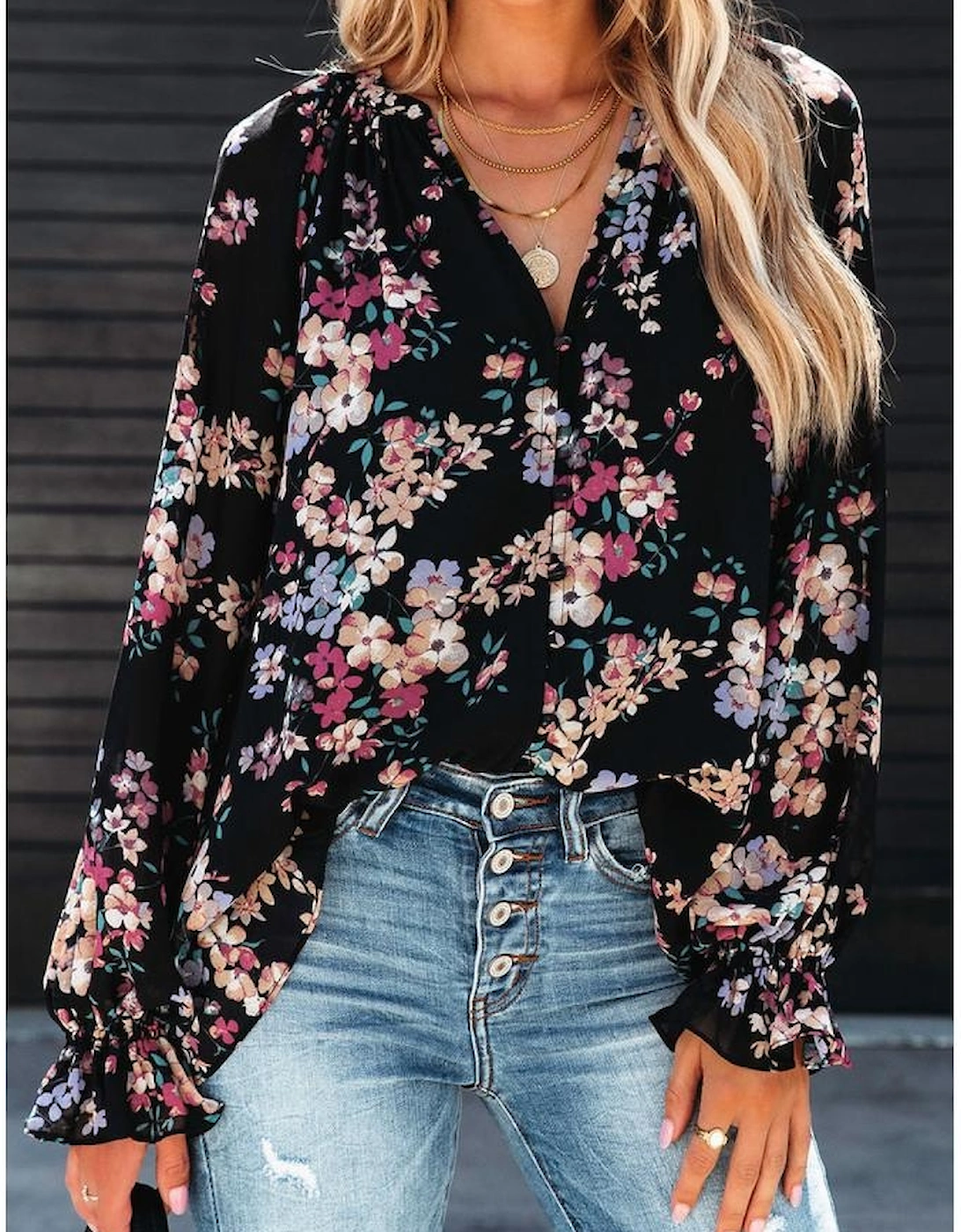 Black Wildflower Print Chiffon Blouse