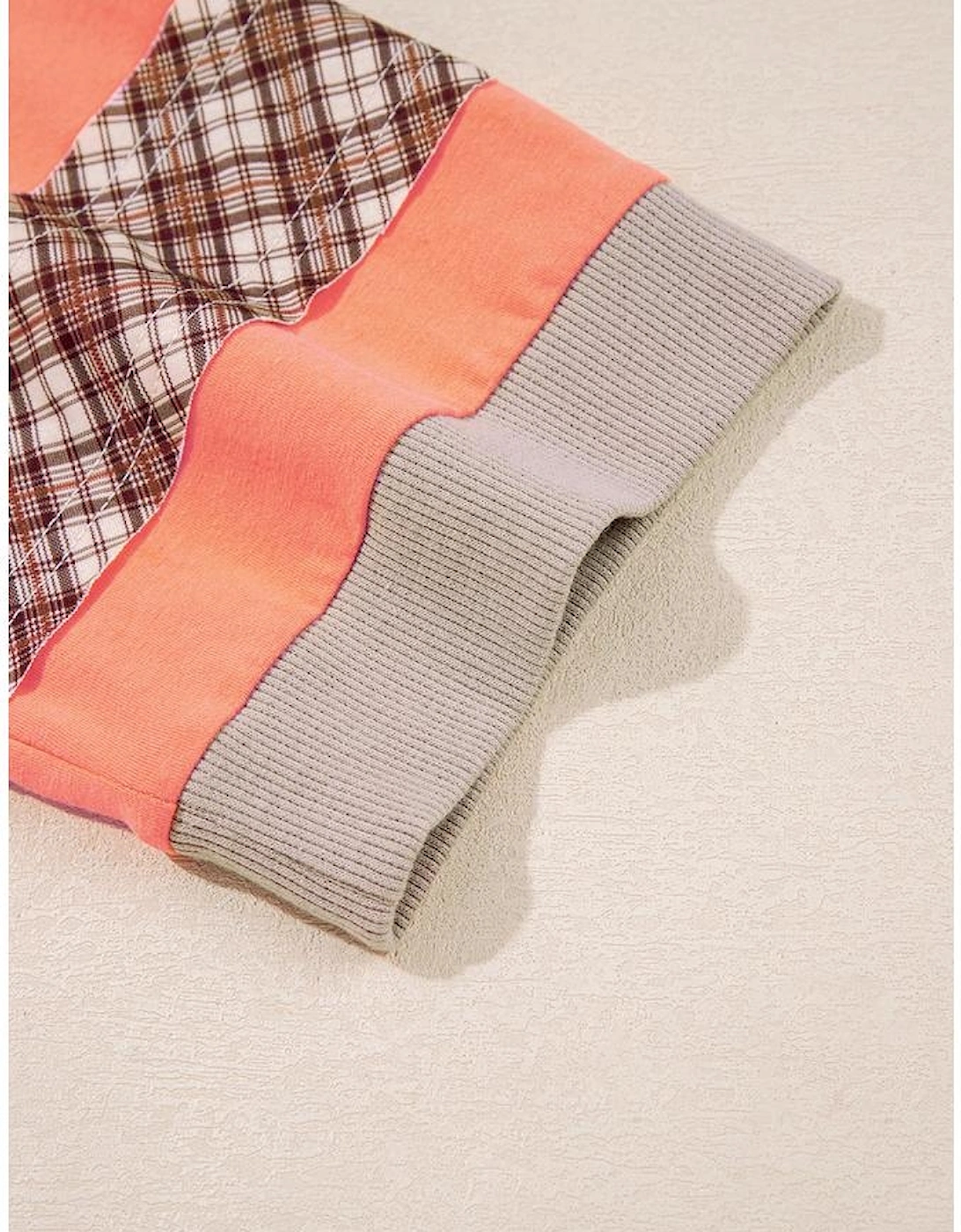 Grapefruit Orange Plaid Waffle Flower Patchwork Bracelet Sleeve Top