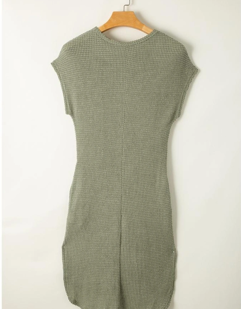Jungle Green Waffle Texture Curved Hem Side Slit T-shirt Dress