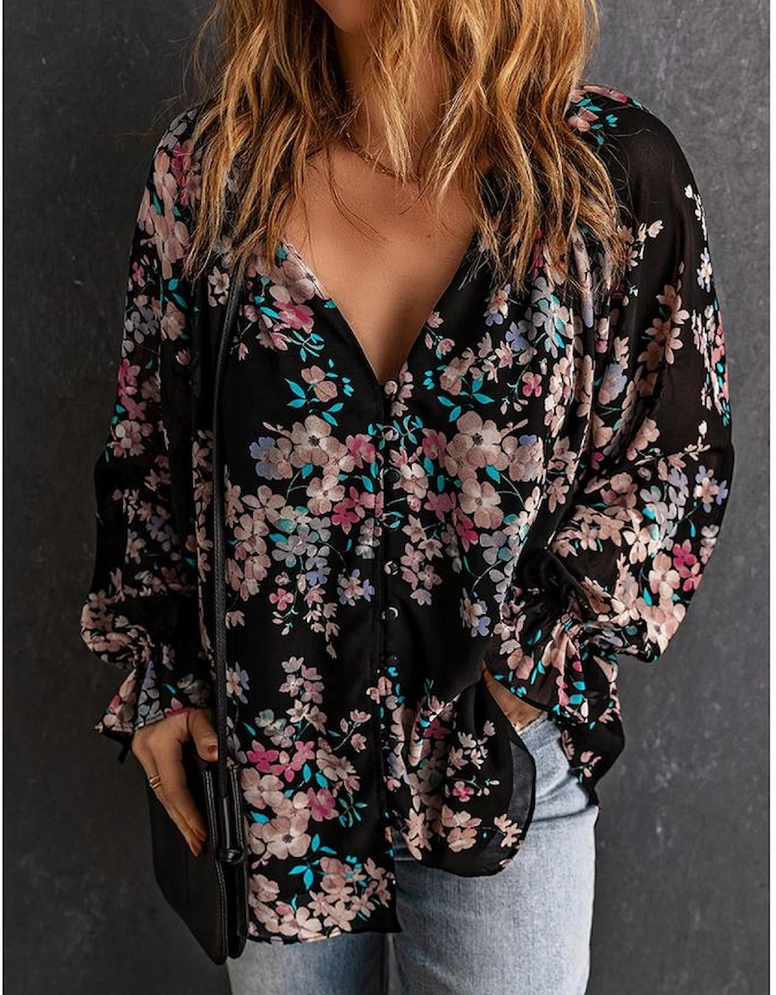 Black Wildflower Print Chiffon Blouse