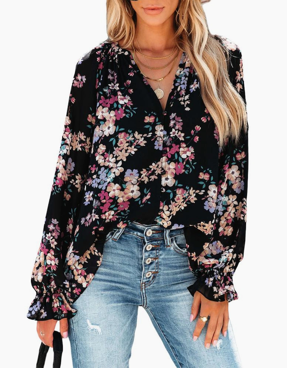 Black Wildflower Print Chiffon Blouse