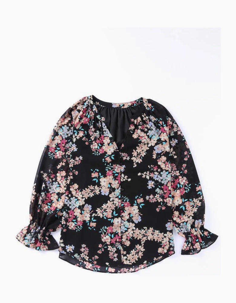 Black Wildflower Print Chiffon Blouse