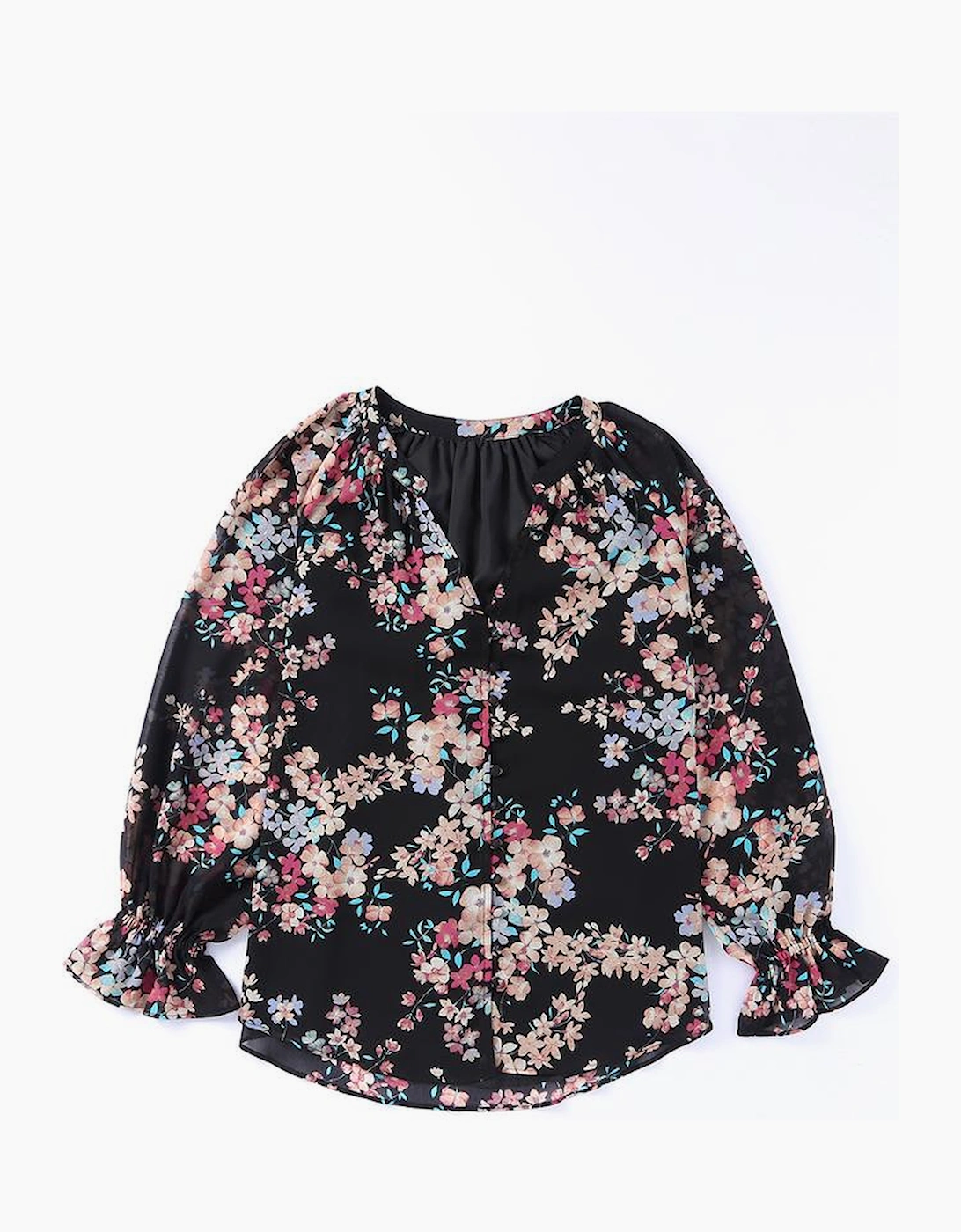 Black Wildflower Print Chiffon Blouse