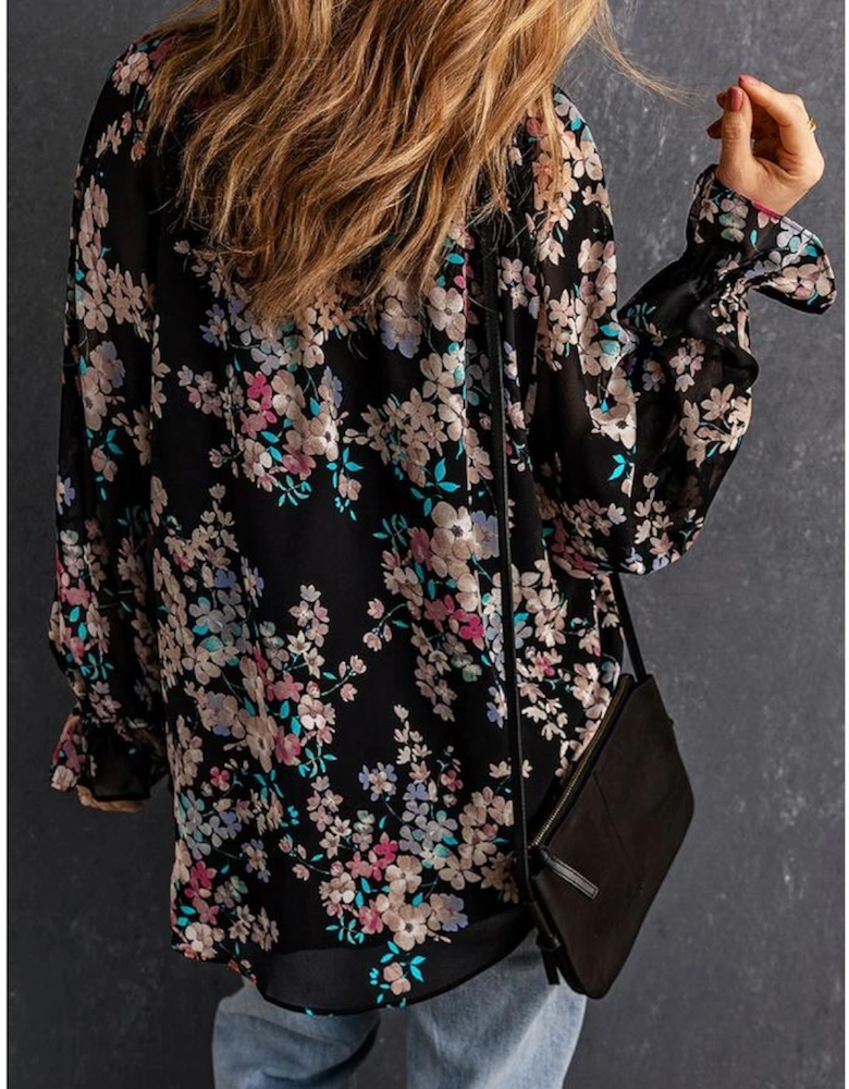 Black Wildflower Print Chiffon Blouse