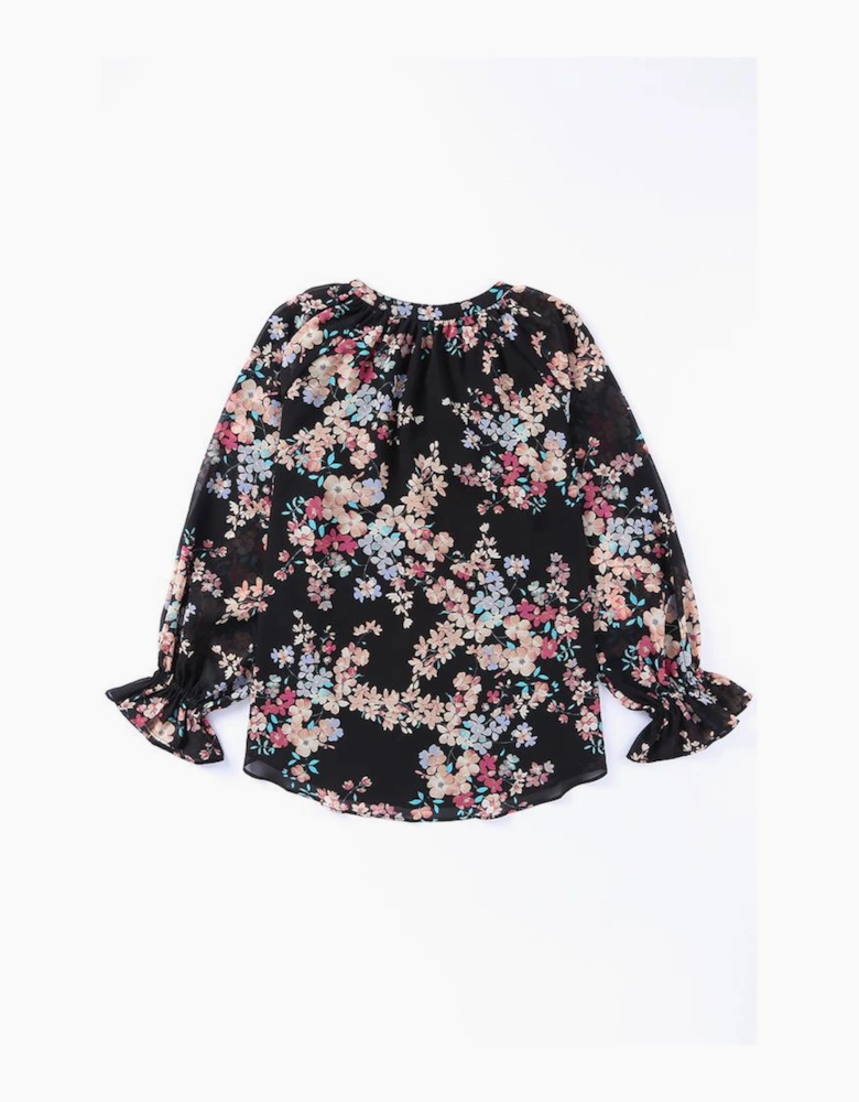 Black Wildflower Print Chiffon Blouse