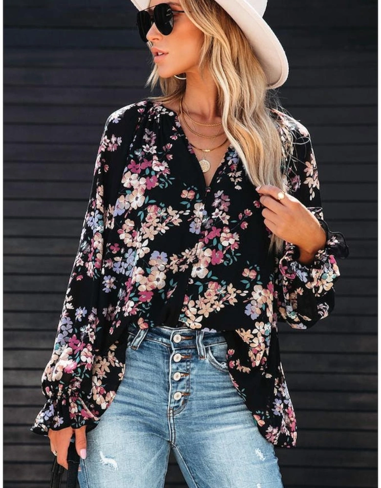 Black Wildflower Print Chiffon Blouse